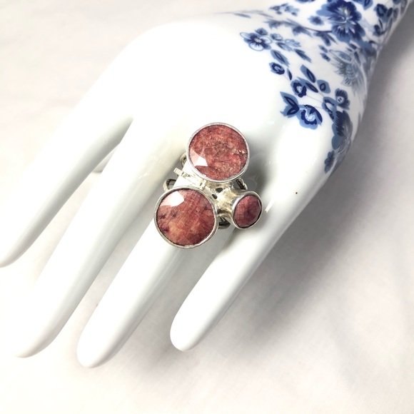 925 Silver Rhodochrosite Ring Natural Pink Round Gemstone Triple Band Sz 7 - Picture 15 of 15